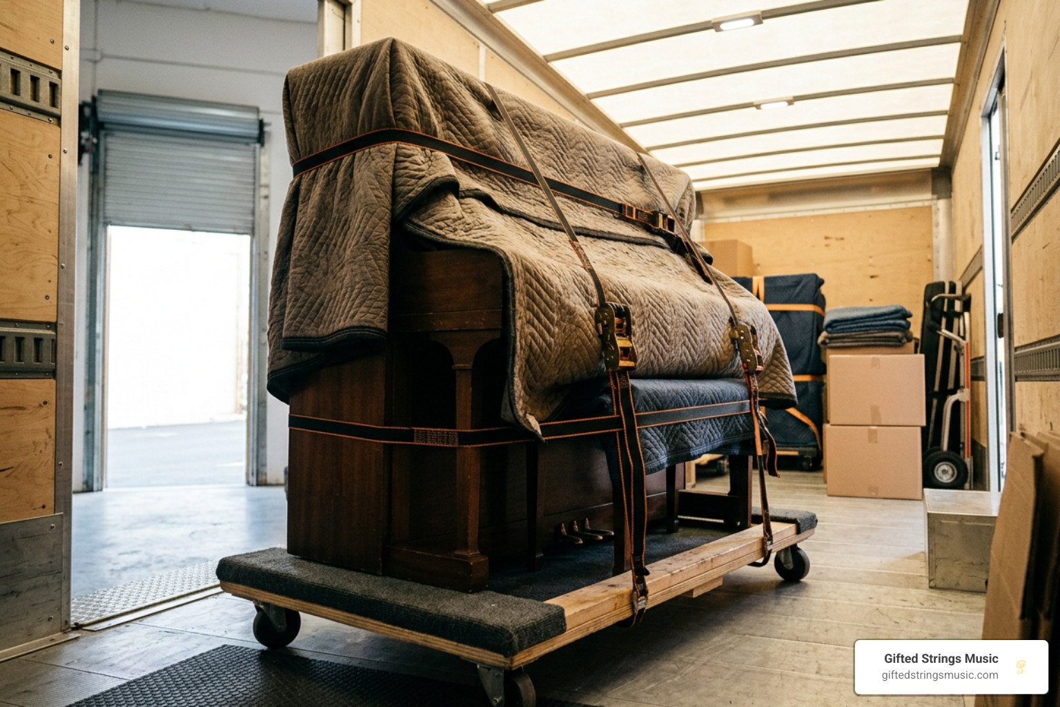 Upright piano secured on a padded dolly inside a transit vehicle