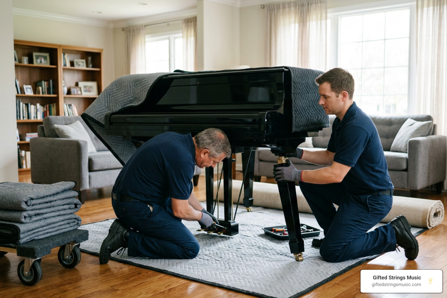 Trained movers disassembling grand piano legs and lyre