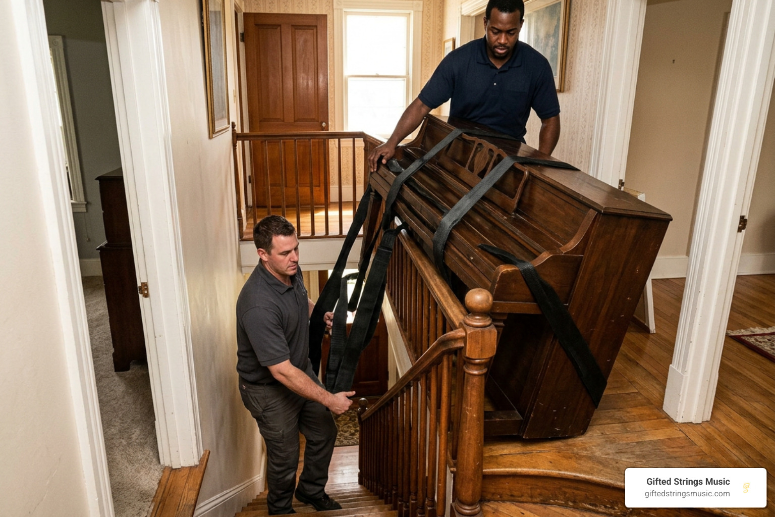 removal crew navigating a heavy piano down a stairwell