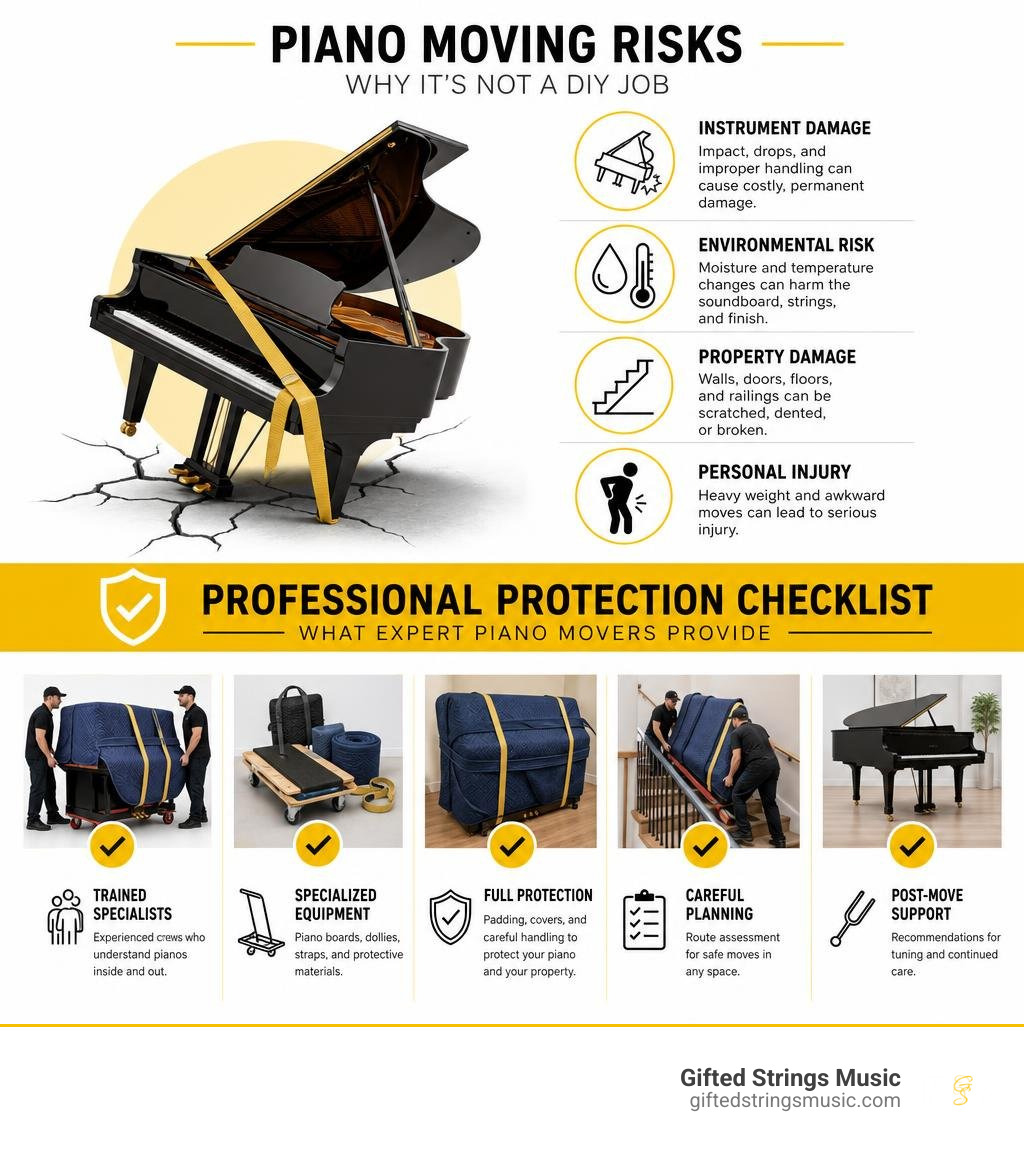 Piano moving risks and professional protection checklist infographic