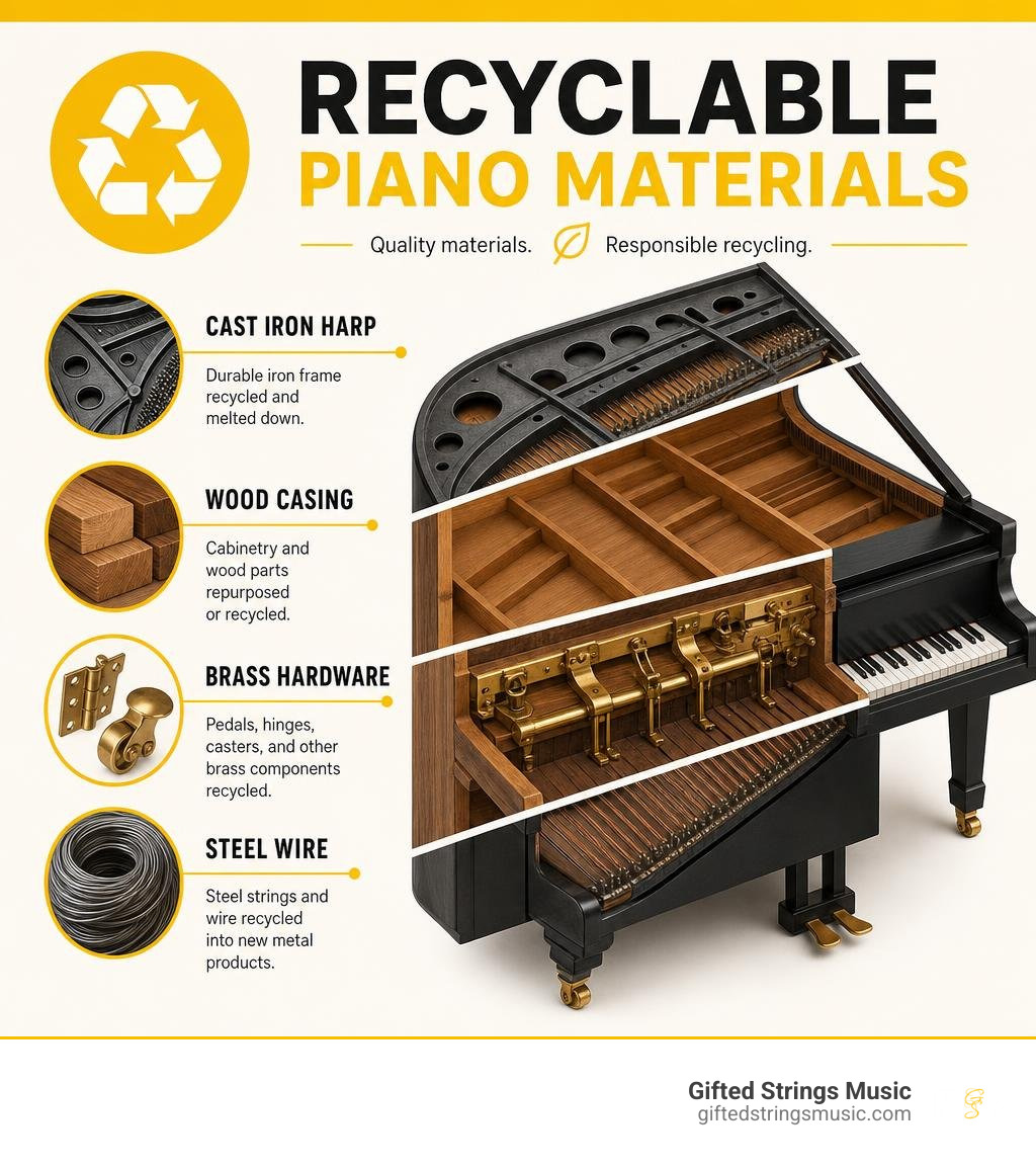 List of recyclable piano materials including cast iron harp, wood casing, brass hardware, and steel wire infographic