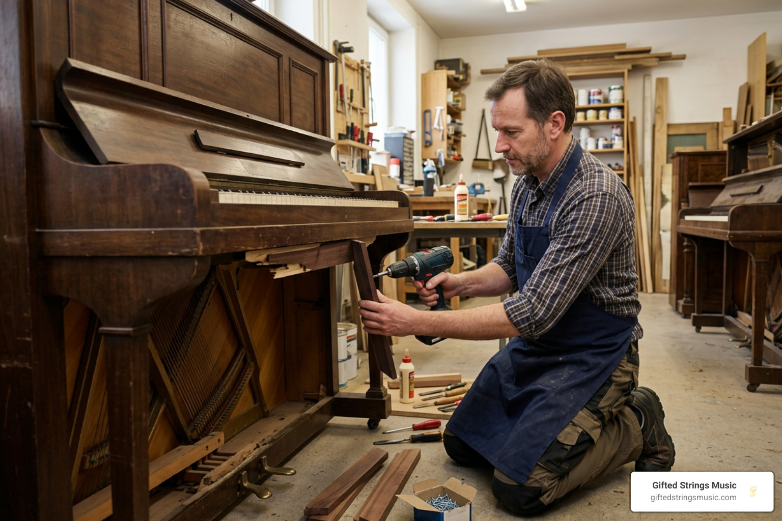 technician reinforcing piano bottom board with hardwood cleats