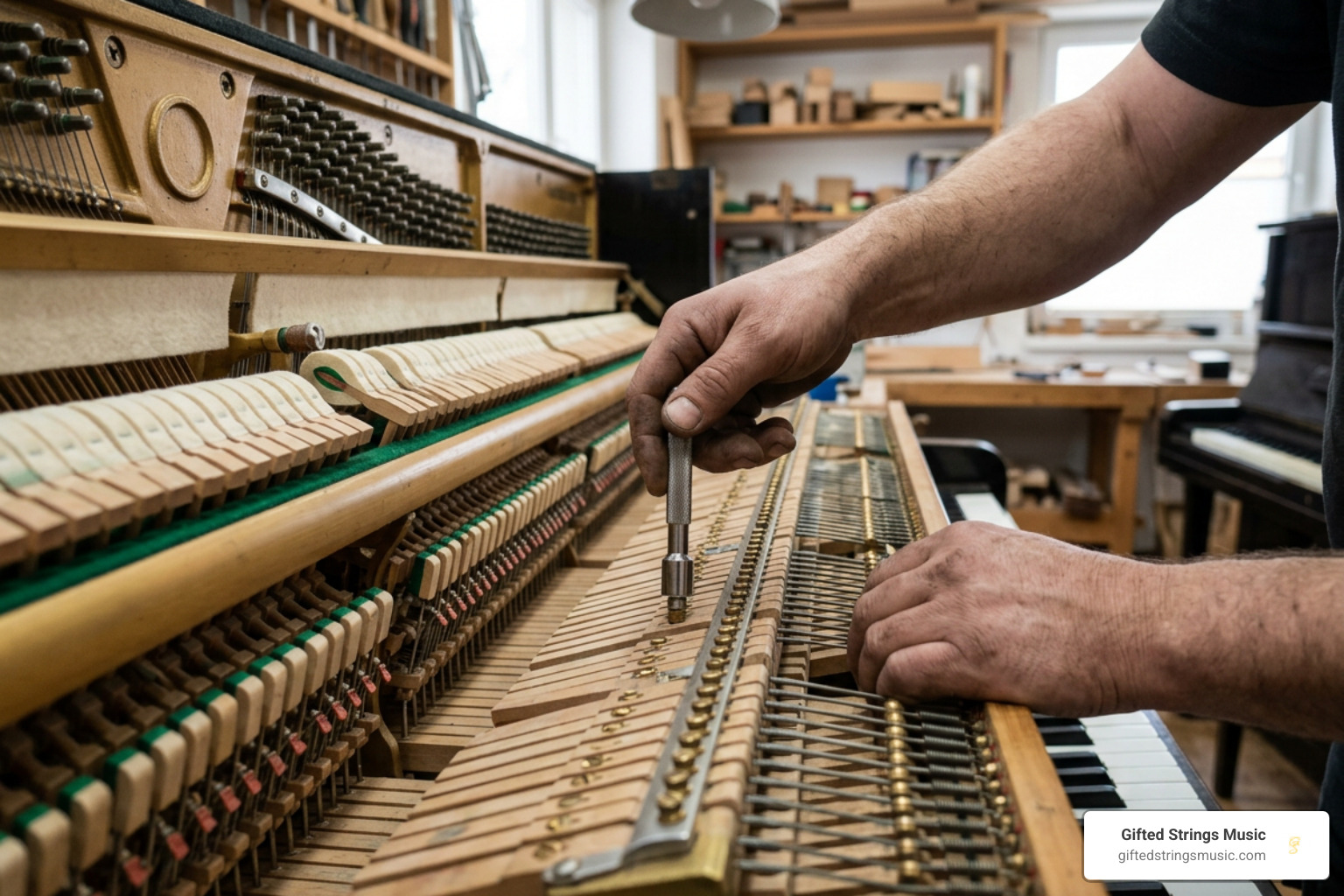 technician adjusting upright piano capstan screws