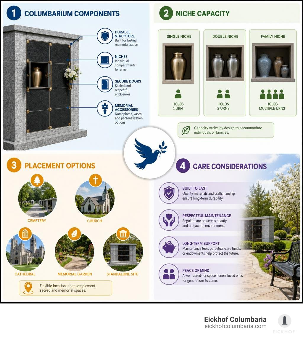 Columbarium components, niche capacity, placement options, and care considerations infographic Columbarium components, niche capacity, placement options, and care considerations infographic
