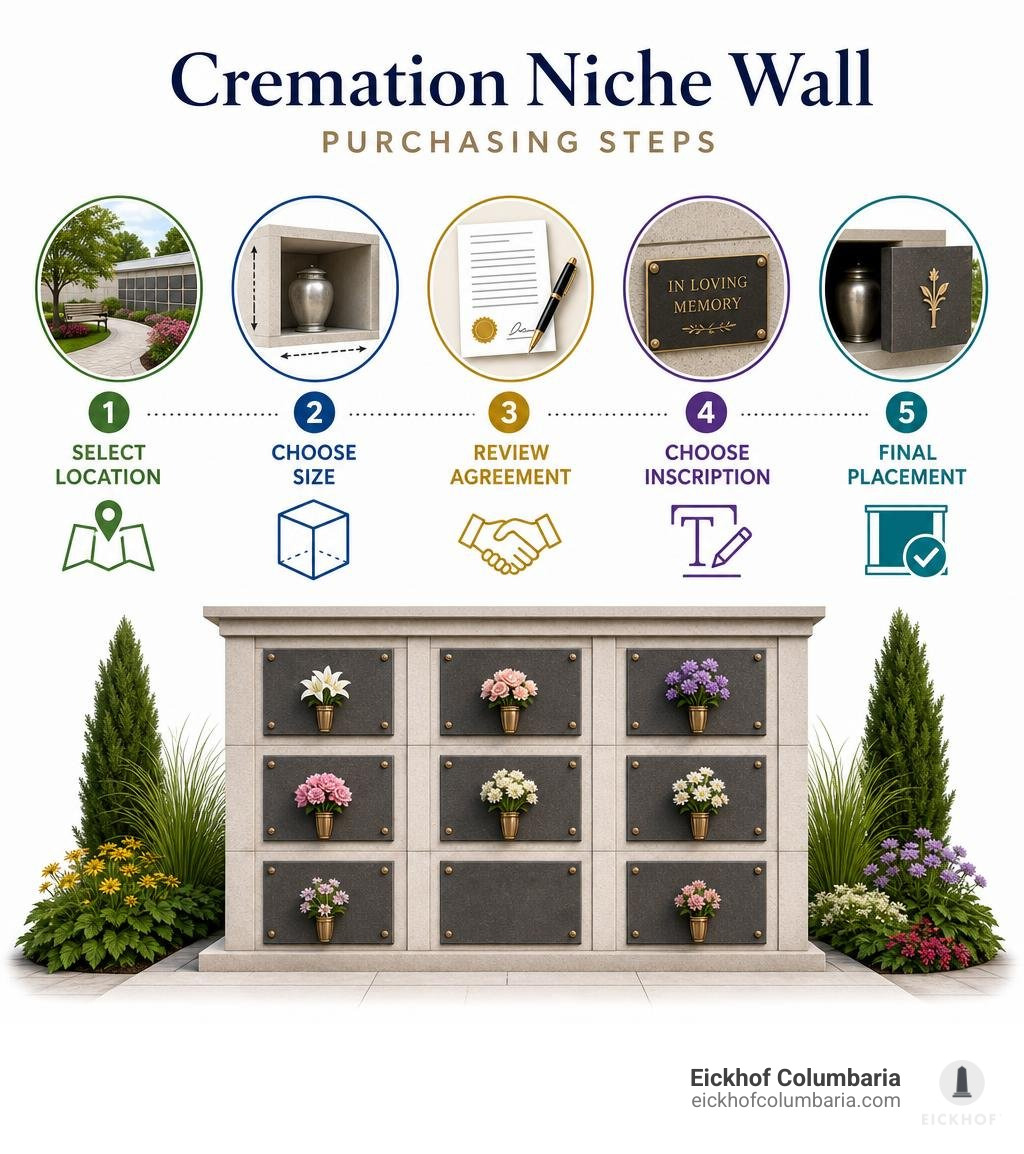 Cremation niche wall purchasing steps: select location, size, agreement, inscription, placement infographic