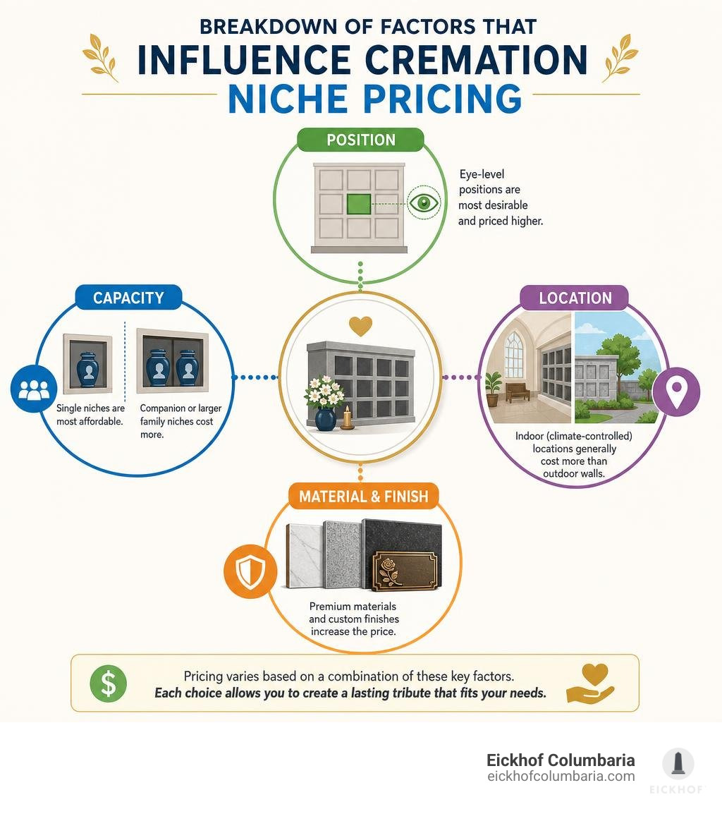 Breakdown of factors that influence cremation niche pricing infographic