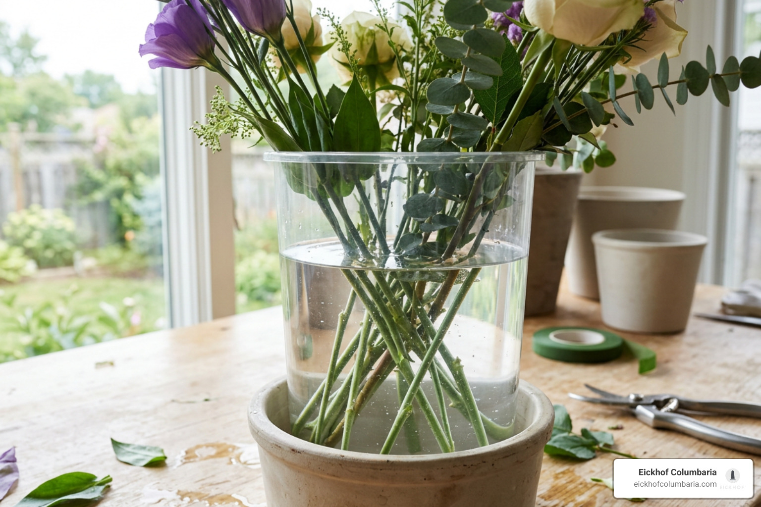 Clear plastic liner holding water inside a floral container