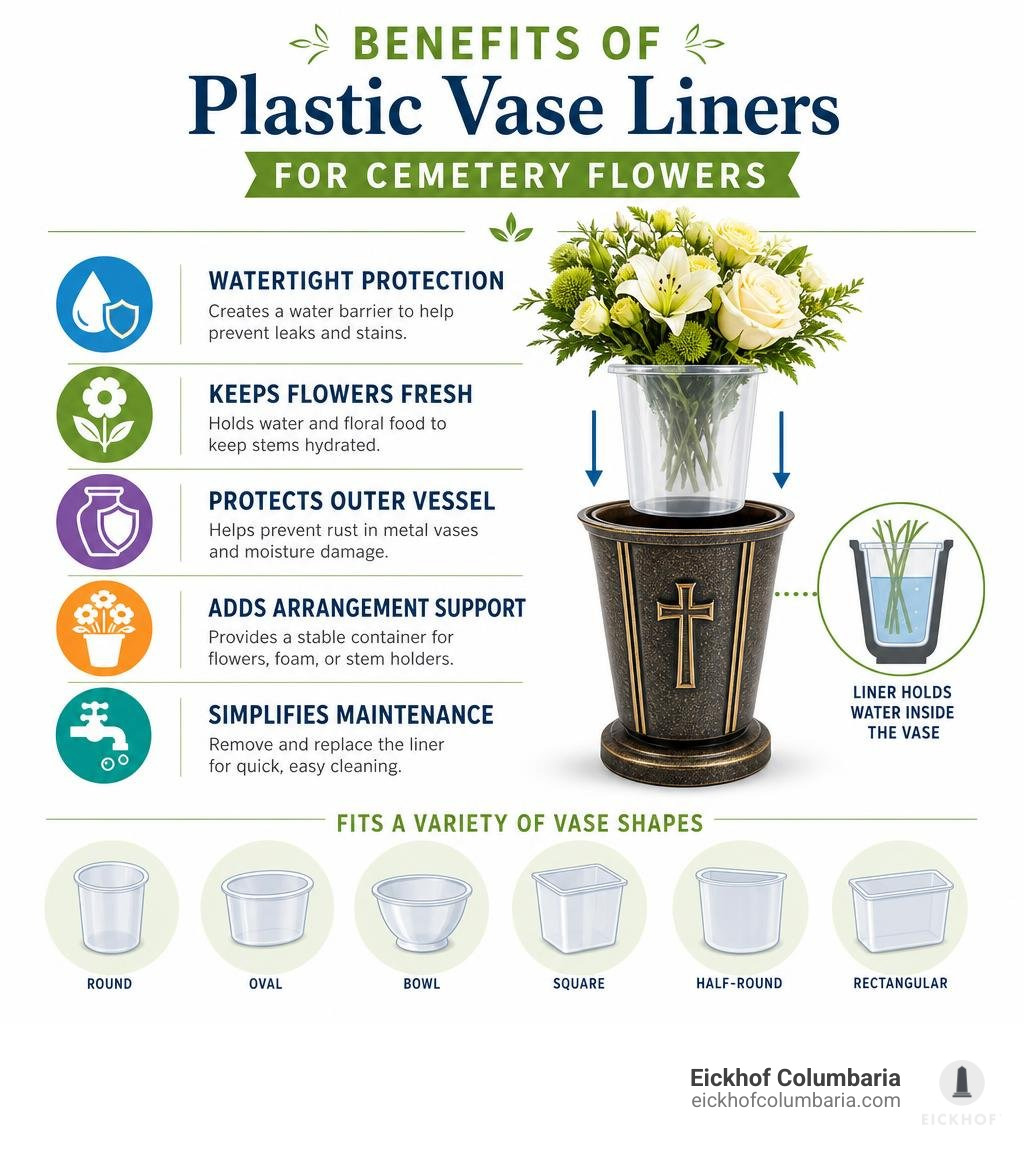 Infographic showing plastic vase liner benefits for cemetery flowers infographic