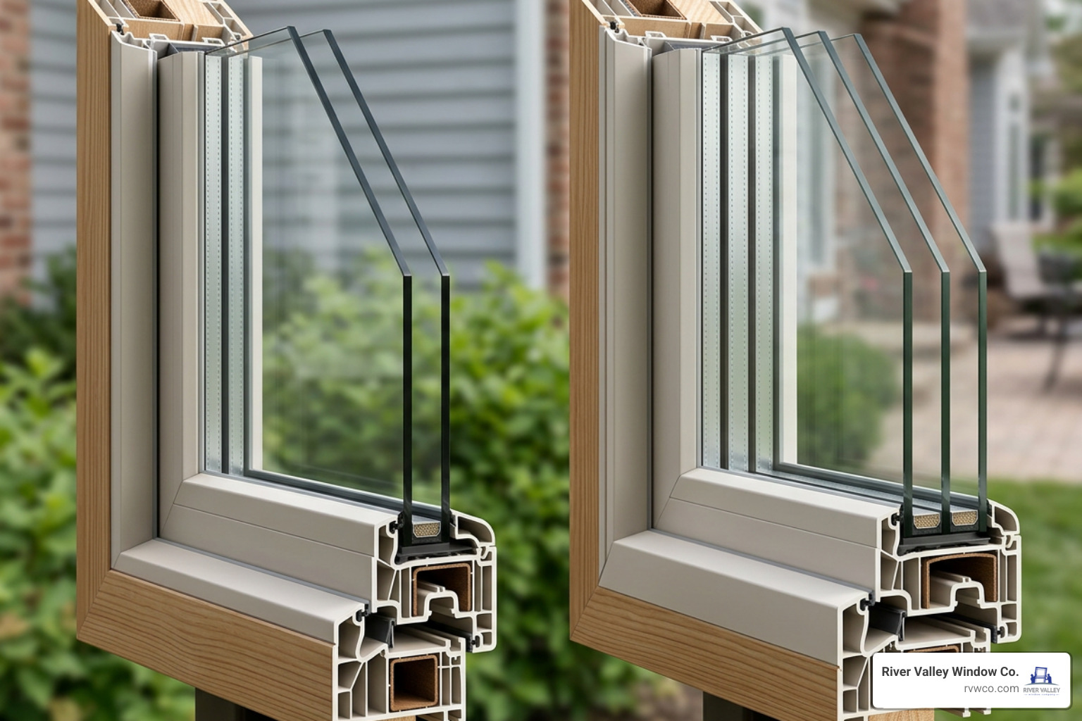 Cross section of double-pane vs triple-pane insulated glass unit Cross section of double-pane vs triple-pane insulated glass unit