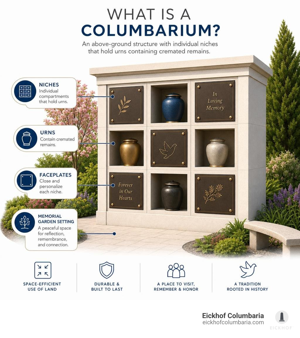 Columbarium structure with niche compartments, urns, faceplates, and memorial garden setting infographic