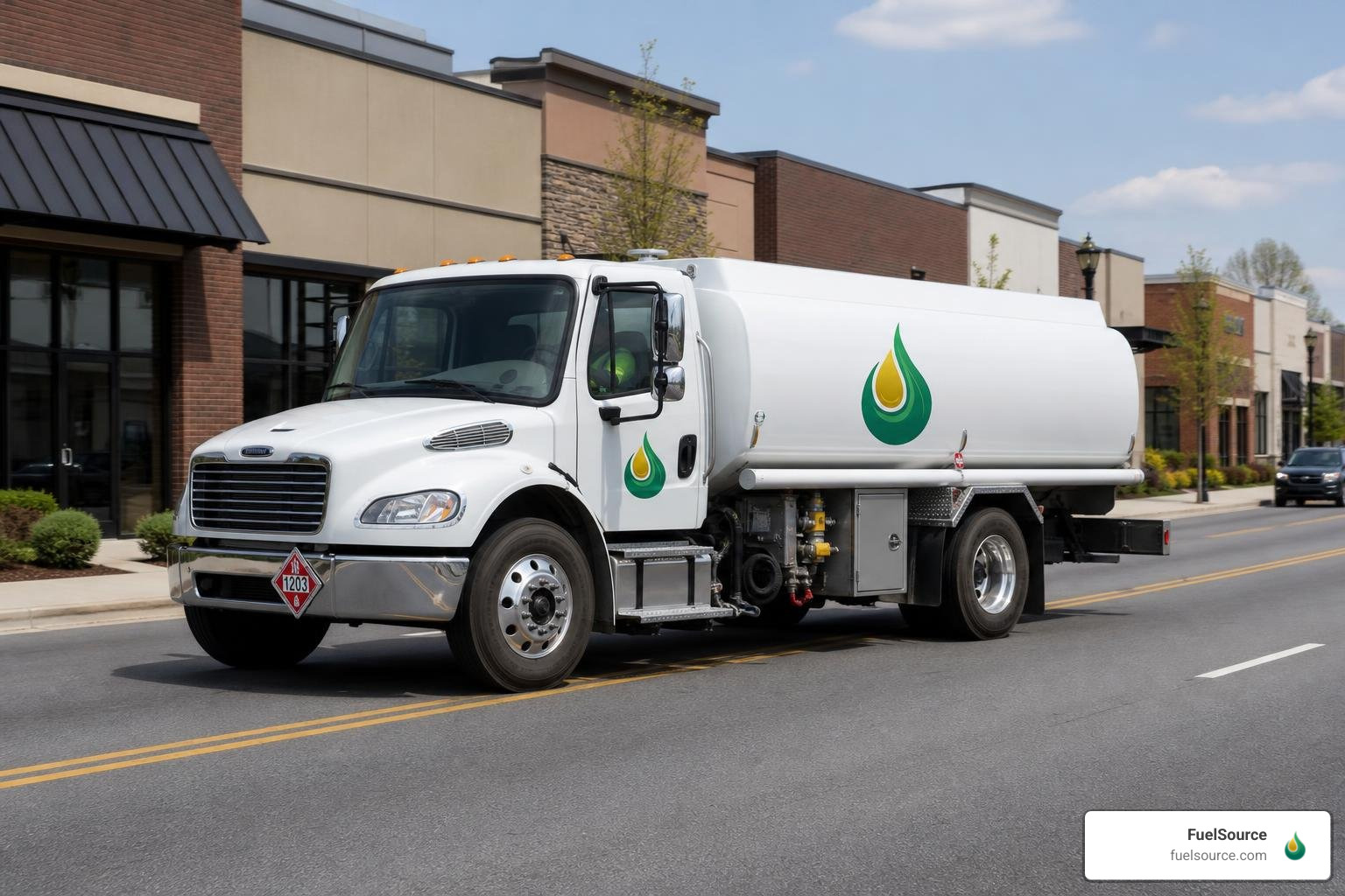 Fuel delivery vehicle navigating local commercial corridors in Buford GA Fuel delivery vehicle navigating local commercial corridors in Buford GA