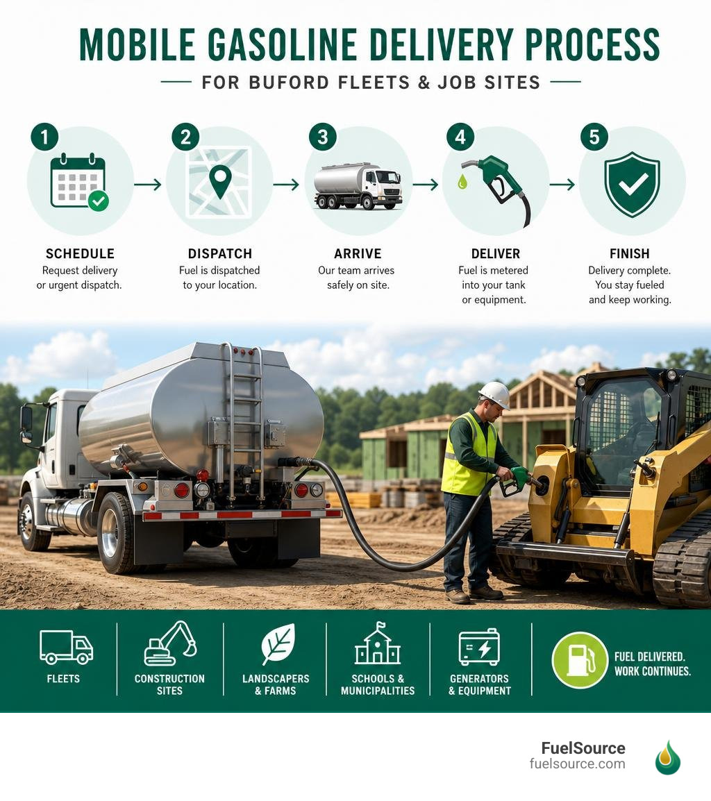 Mobile gasoline delivery process for Buford fleets and job sites infographic Mobile gasoline delivery process for Buford fleets and job sites infographic