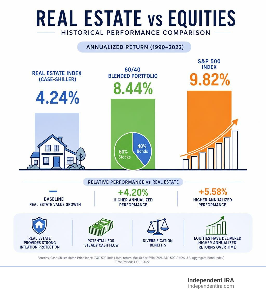 Infographic comparing historical performance of real estate versus equities infographic Infographic comparing historical performance of real estate versus equities infographic