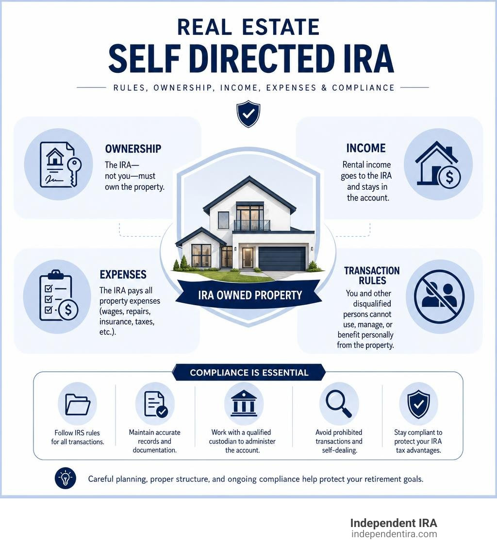 Real estate self directed IRA rules, ownership, income, expenses, and compliance infographic Real estate self directed IRA rules, ownership, income, expenses, and compliance infographic