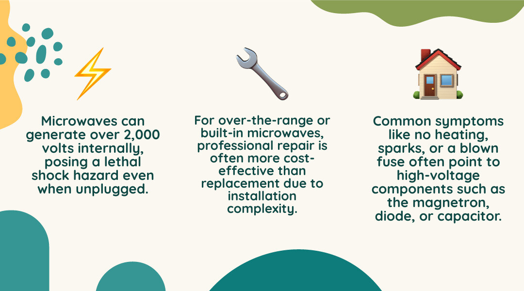Microwave repair symptoms, likely causes, and safe next steps infographic