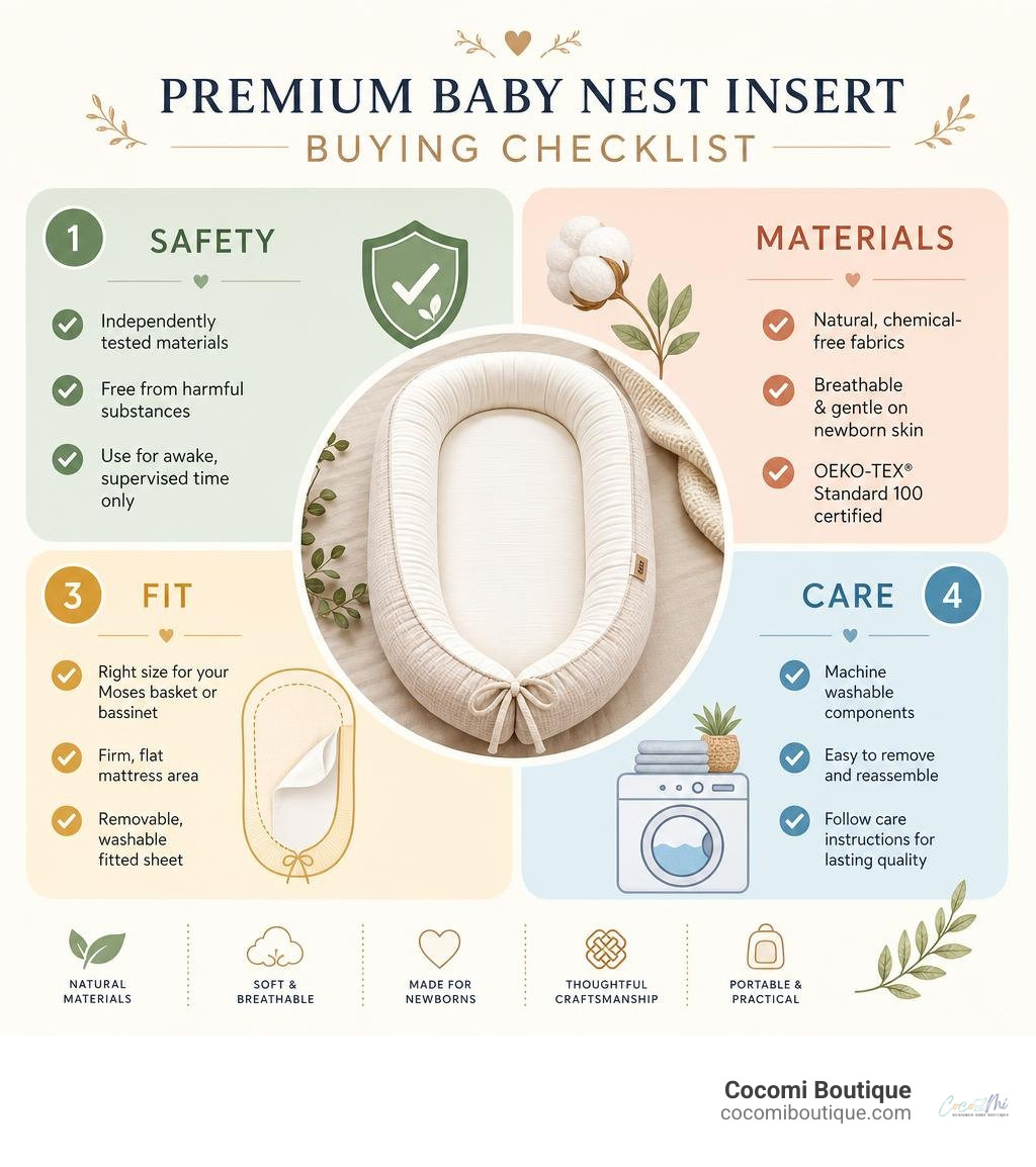 Premium baby nest insert buying checklist: safety, materials, fit, care infographic
