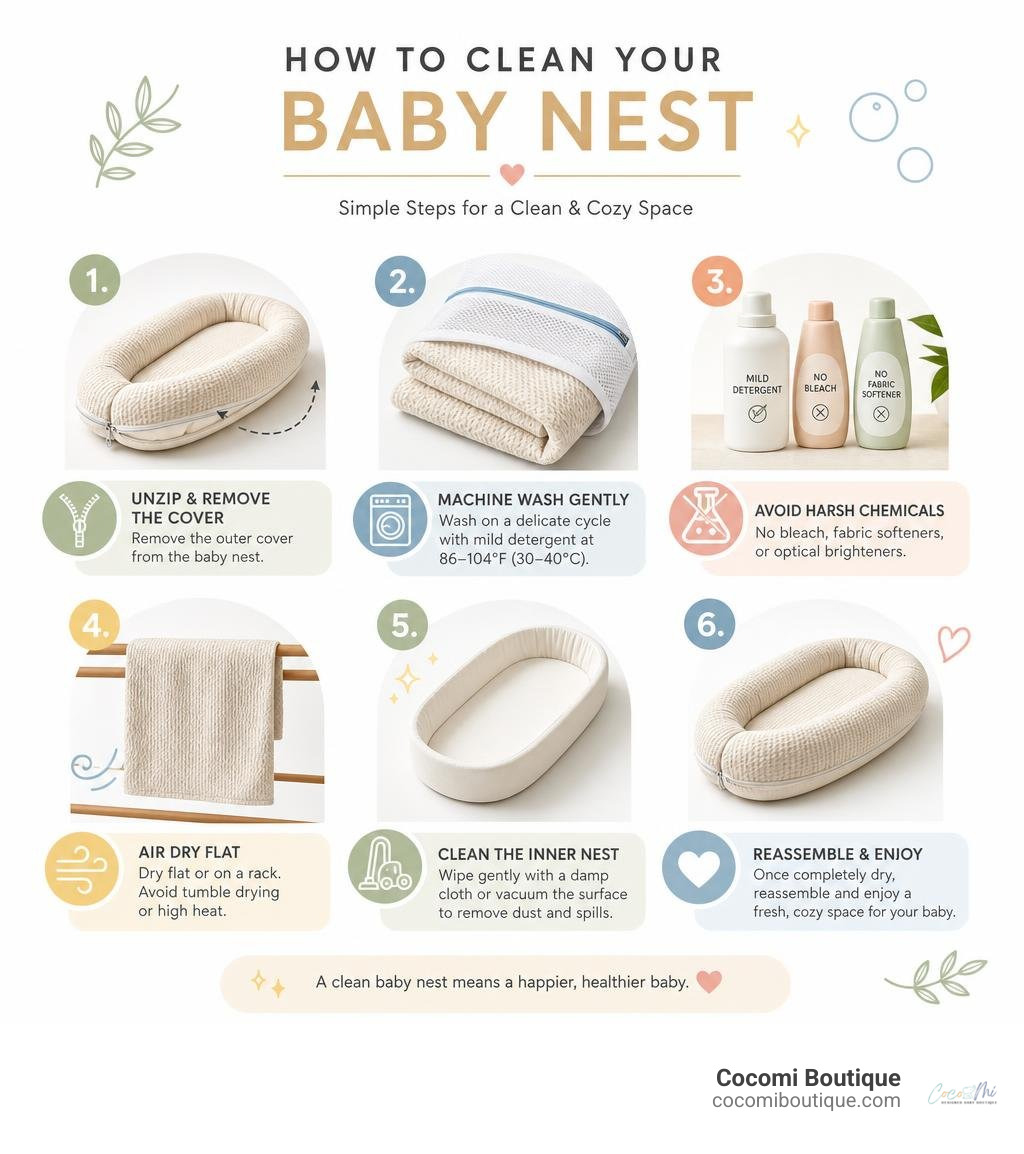 Infographic detailing step by step cleaning process for baby nests infographic