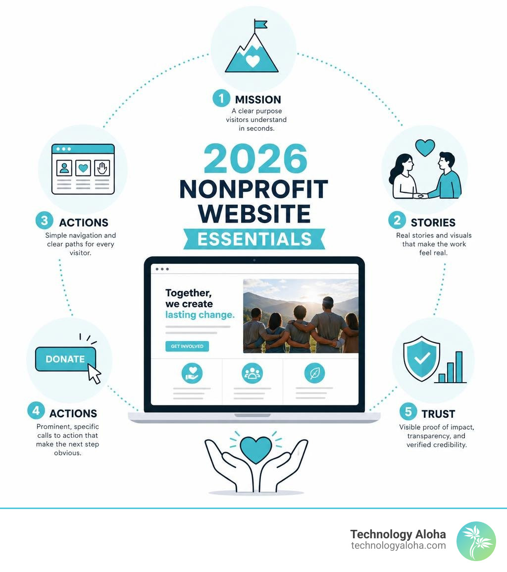 2026 nonprofit website essentials: mission, stories, actions, trust, accessibility infographic