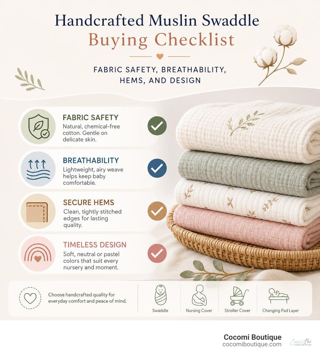 Handcrafted muslin swaddle buying checklist: fabric safety, breathability, hems, and design infographic