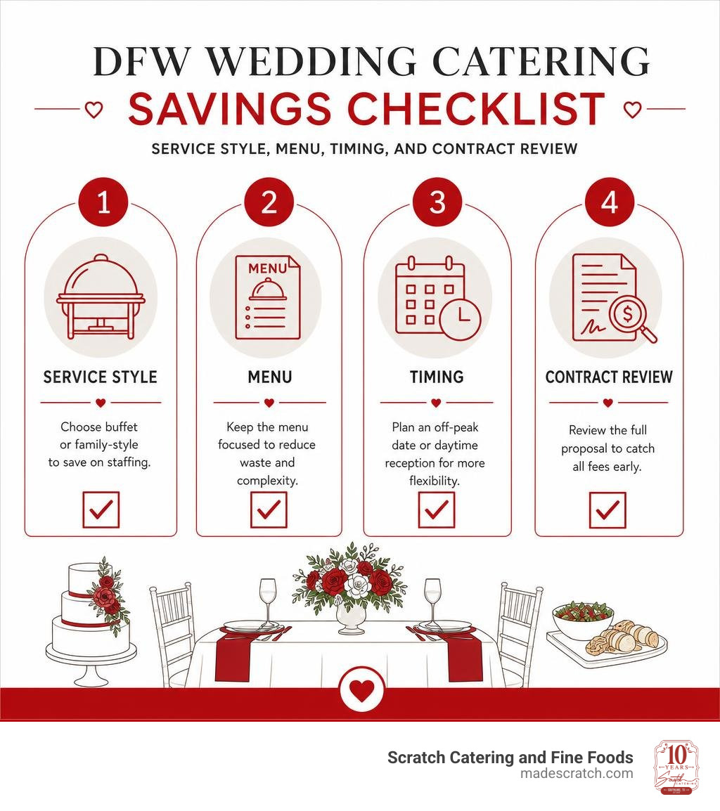 DFW wedding catering savings checklist: service style, menu, timing, and contract review infographic DFW wedding catering savings checklist: service style, menu, timing, and contract review infographic