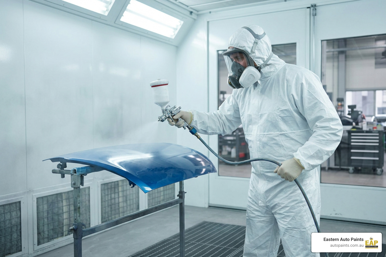 painter using HVLP spray gun in spray booth