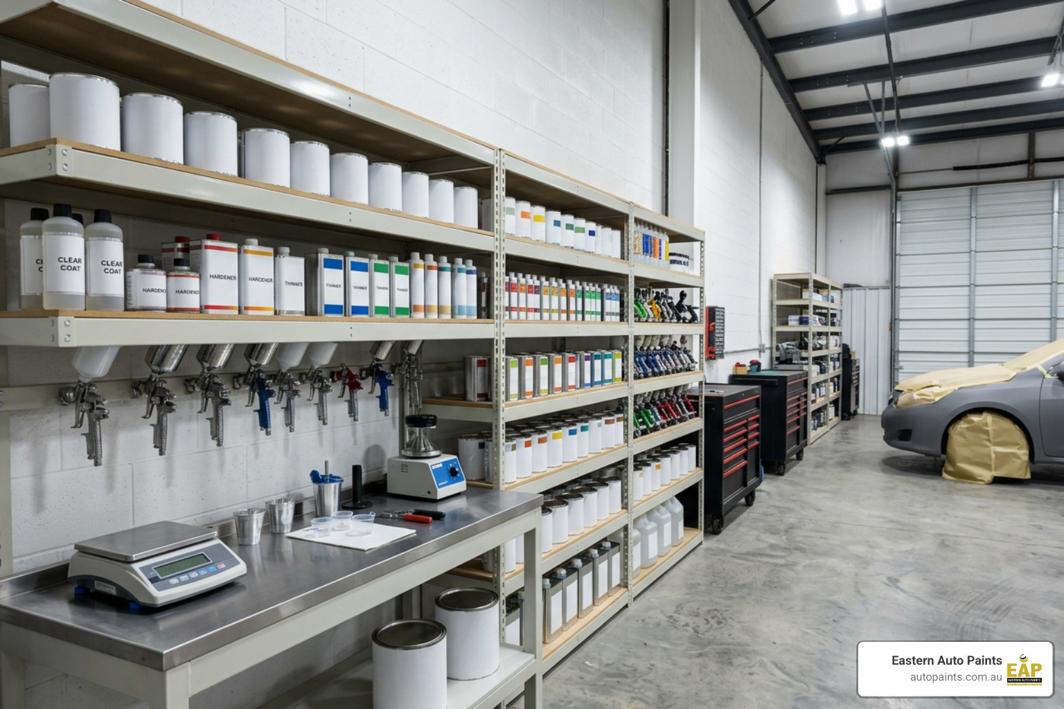 automotive paint supplier workshop shelves