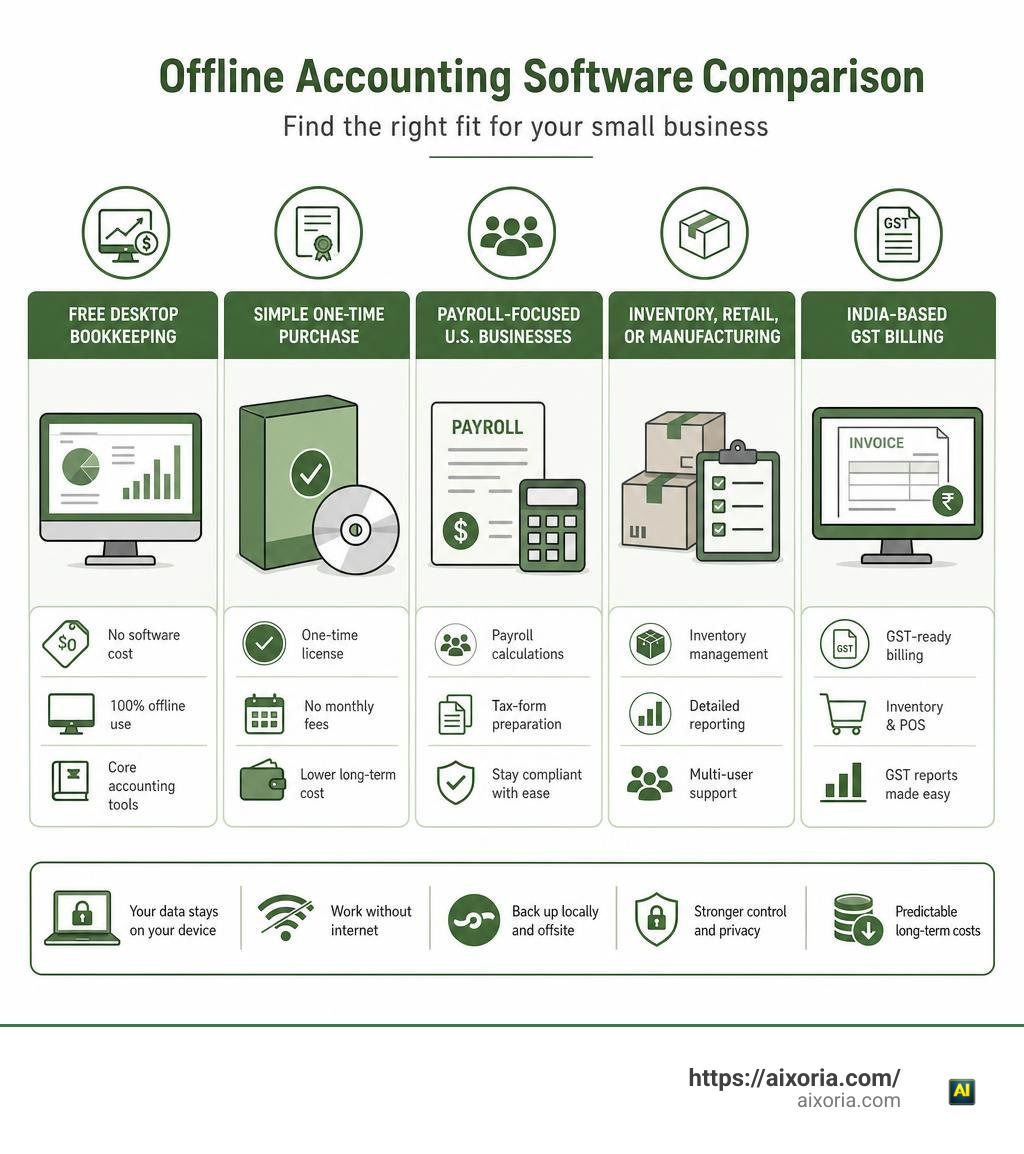Offline accounting software comparison: free, perpetual license, payroll, inventory, GST infographic Offline accounting software comparison: free, perpetual license, payroll, inventory, GST infographic