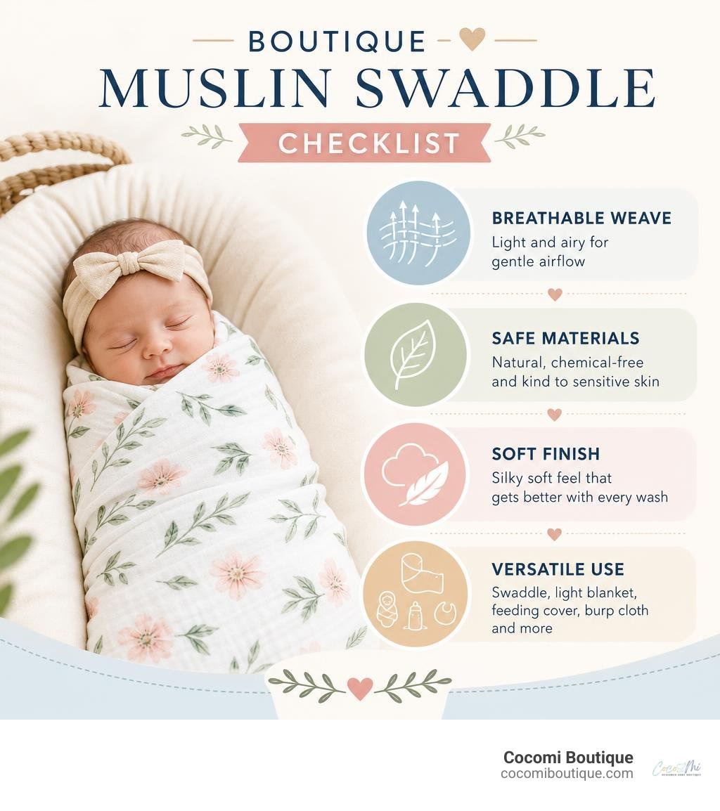 Boutique muslin swaddle checklist: breathable weave, safe materials, soft finish, versatile use infographic Boutique muslin swaddle checklist: breathable weave, safe materials, soft finish, versatile use infographic