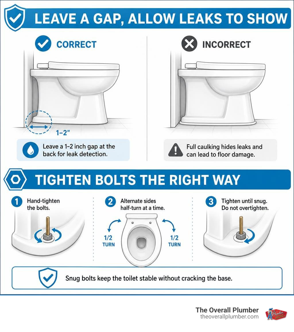 infographic showing proper caulk gap and bolt tightening for toilet repair infographic infographic showing proper caulk gap and bolt tightening for toilet repair infographic