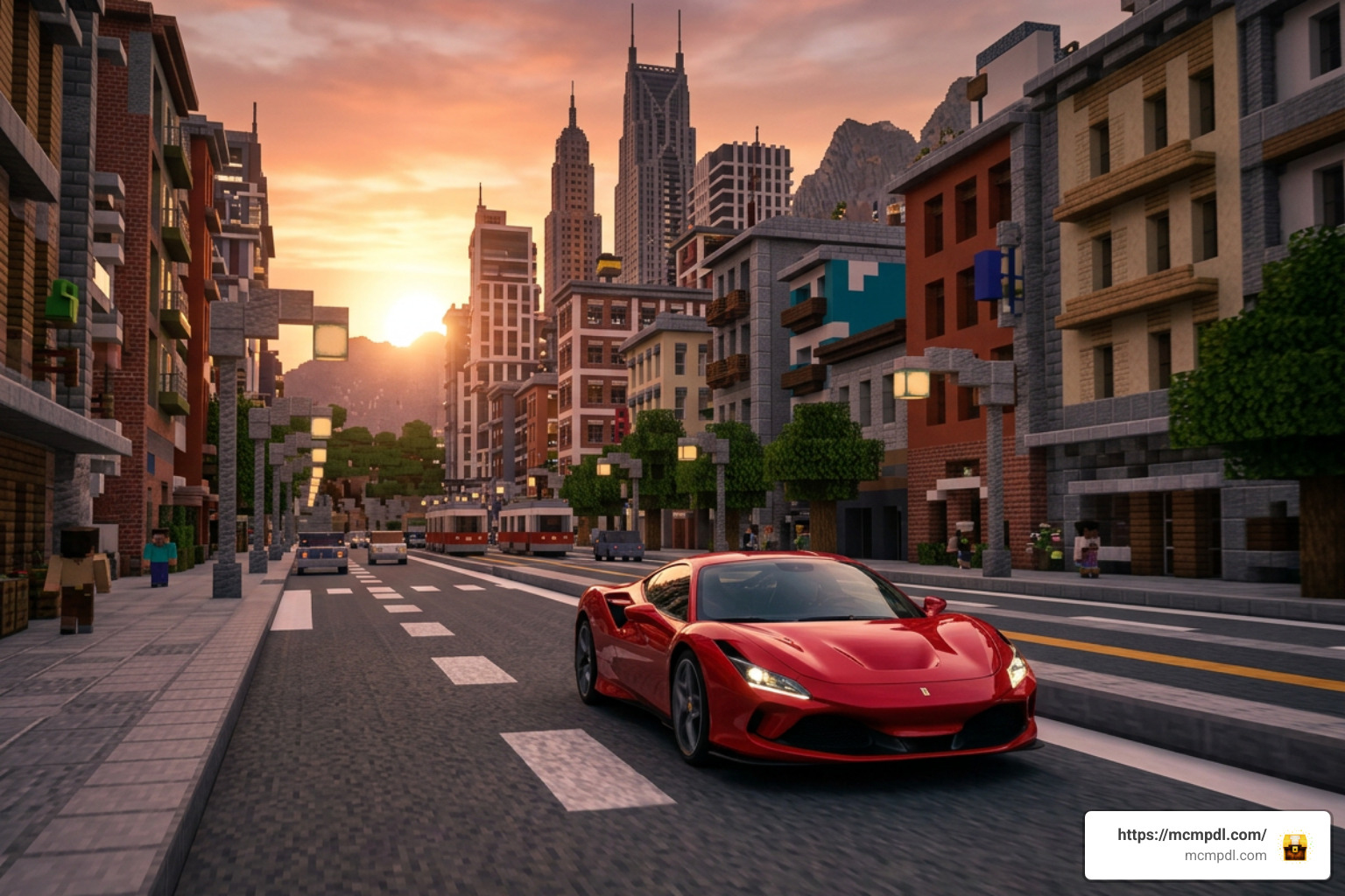 Custom car mod driving through Minecraft city