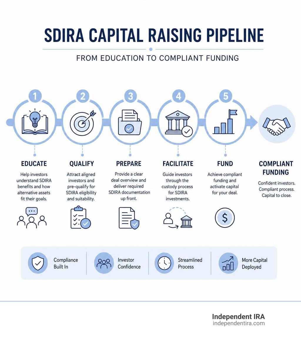 SDIRA capital raising pipeline from education to compliant funding infographic SDIRA capital raising pipeline from education to compliant funding infographic