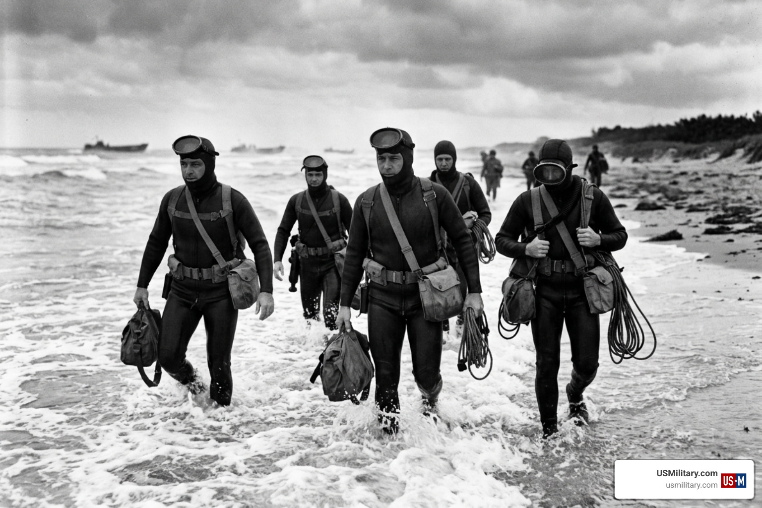 World War II Underwater Demolition Team frogmen operating in coastal surf World War II Underwater Demolition Team frogmen operating in coastal surf