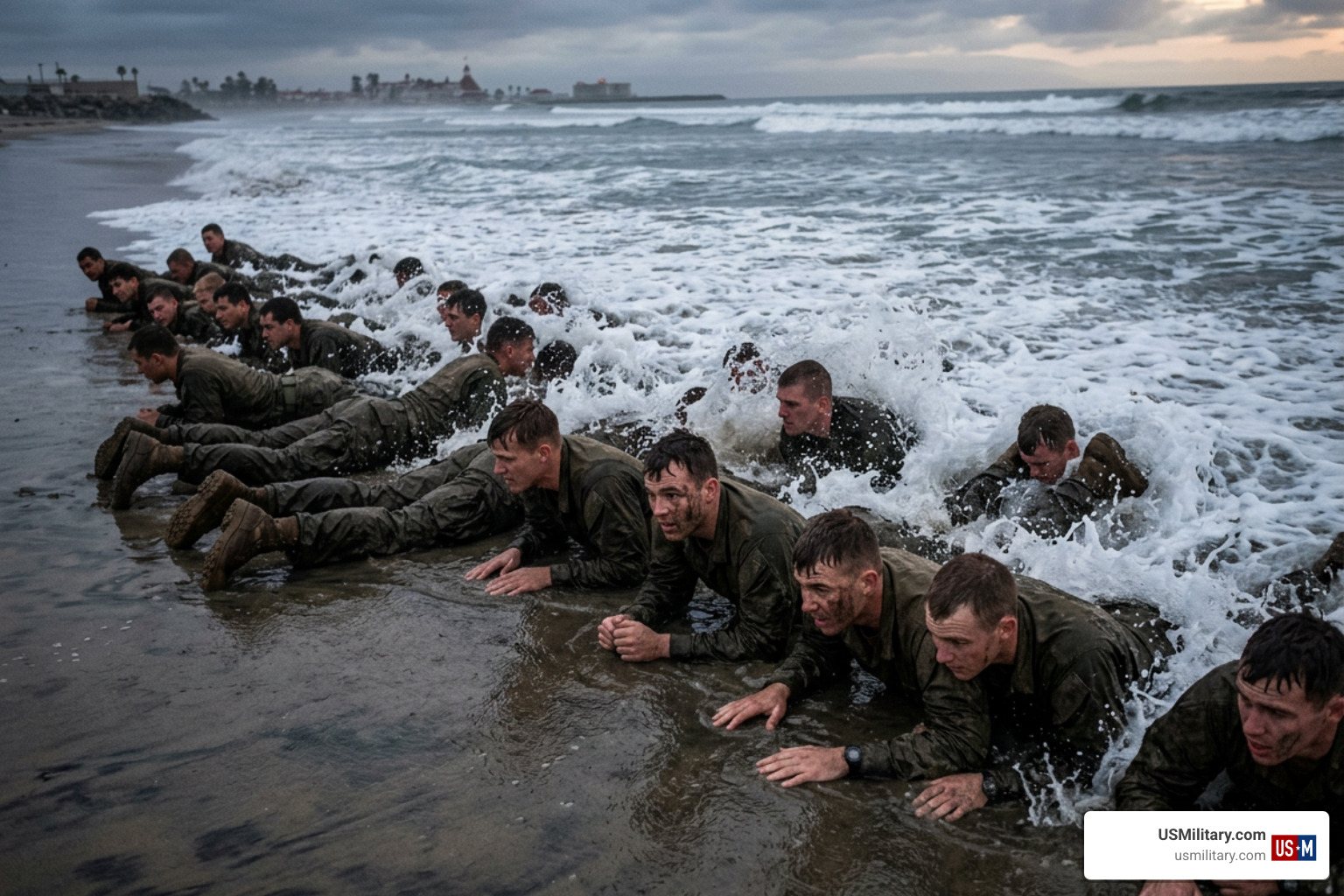 Modern Navy SEAL BUD/S candidates enduring surf torture during Phase 1 training Modern Navy SEAL BUD/S candidates enduring surf torture during Phase 1 training