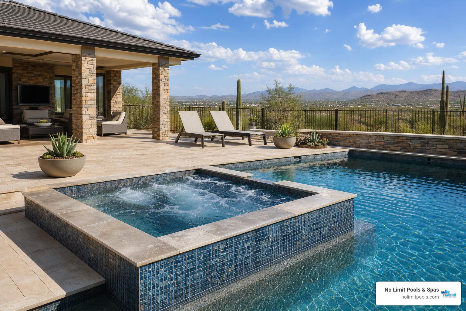 original custom No Limit Pools project photo of raised spa and pool deck