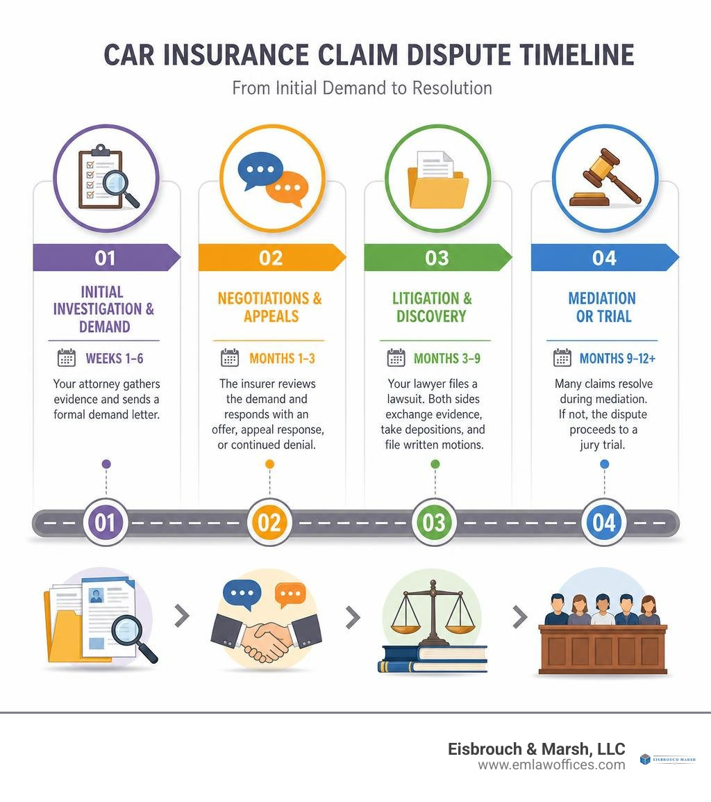 Timeline graphic detailing car insurance claim dispute stages infographic