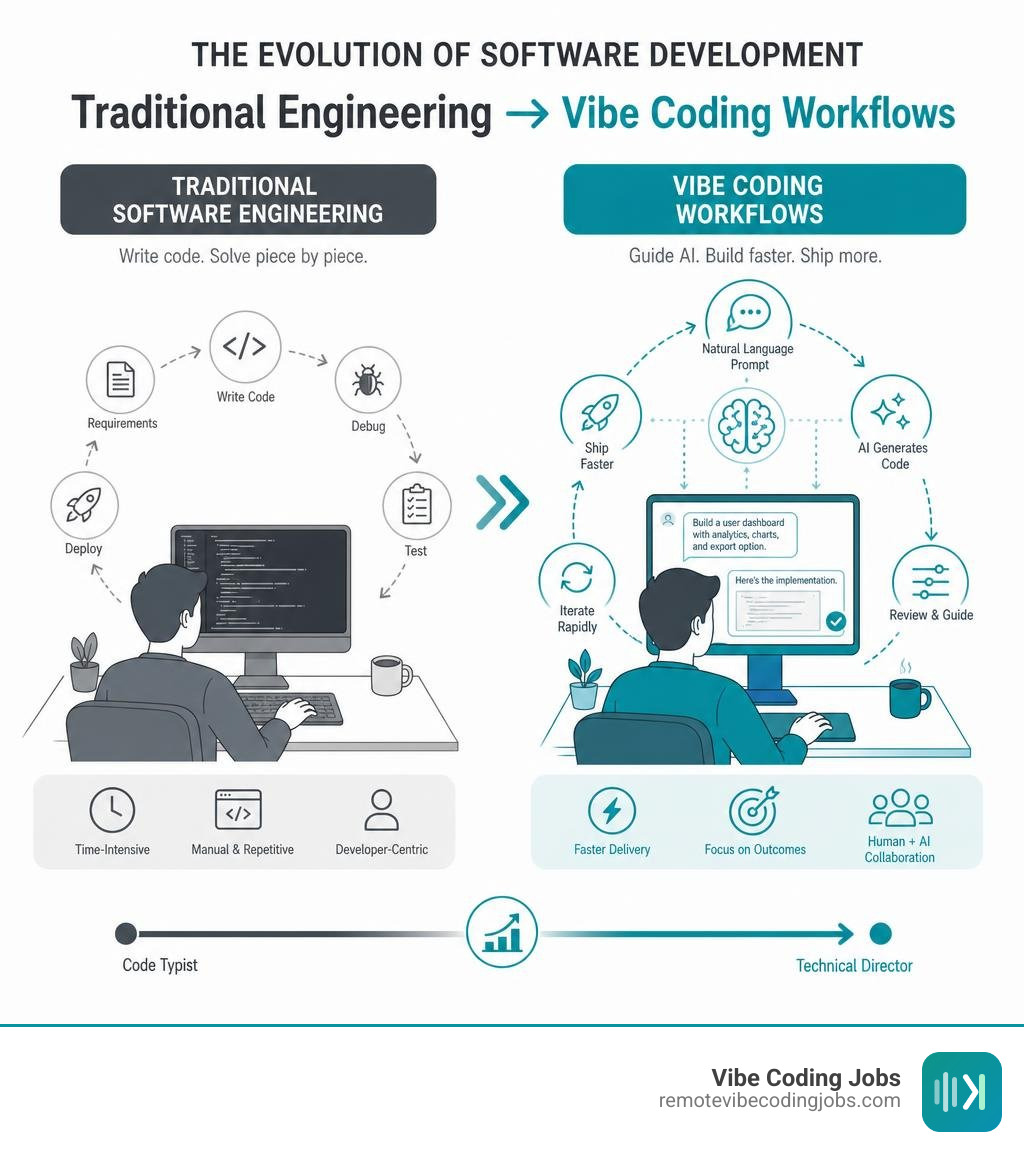 evolution from traditional software engineering to vibe coding workflows infographic