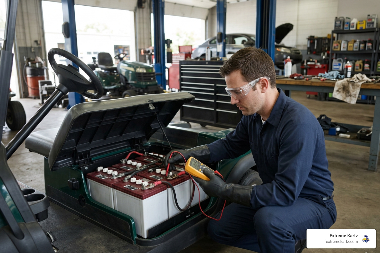 technician checking golf cart batteries with a multimeter and safety gear technician checking golf cart batteries with a multimeter and safety gear