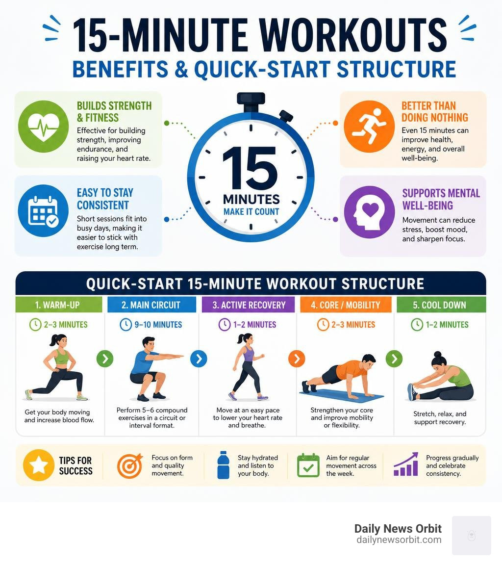 15-minute workout benefits and quick-start structure infographic 15-minute workout benefits and quick-start structure infographic