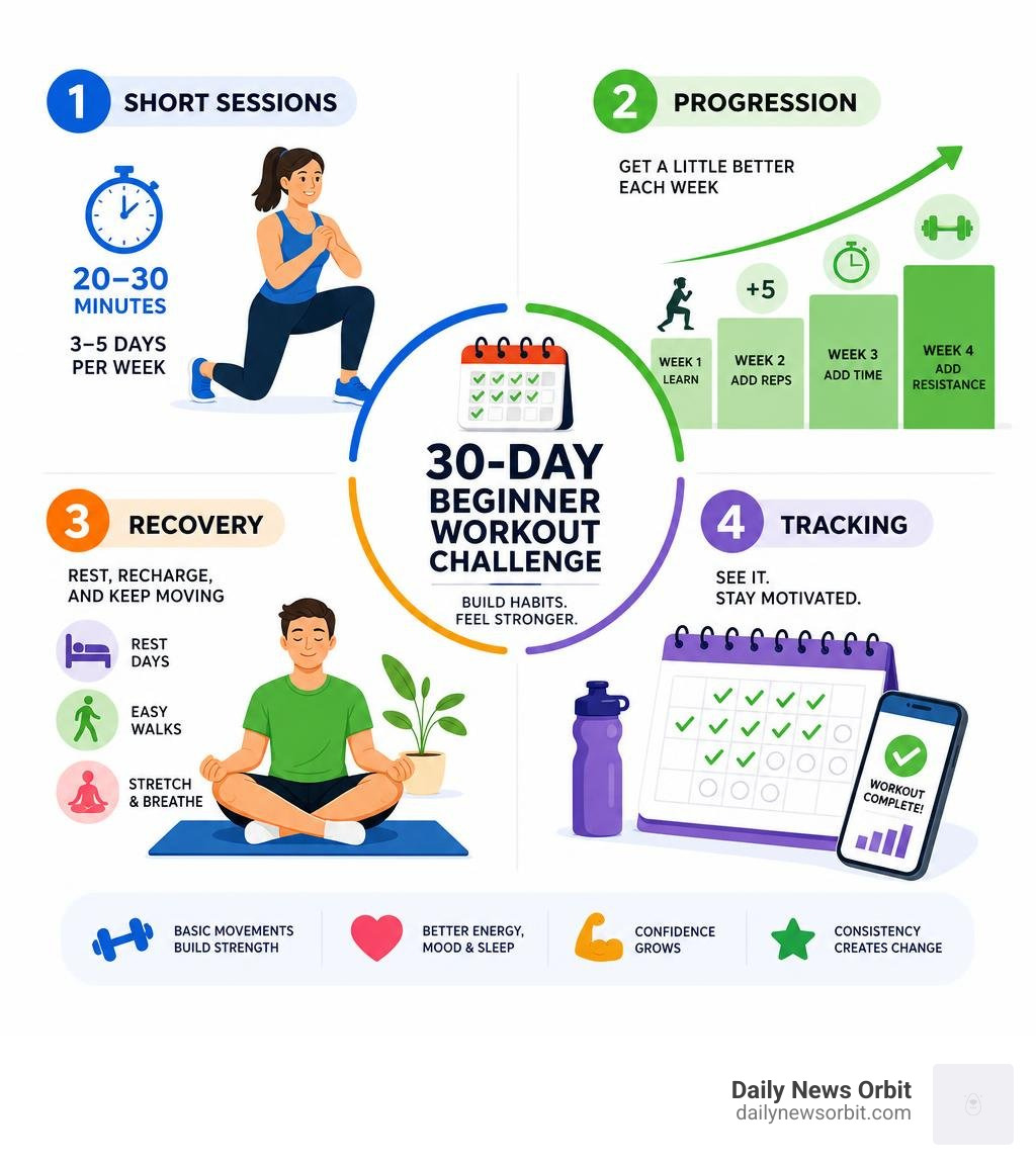 30-day beginner workout challenge: short sessions, progression, recovery, tracking infographic 30-day beginner workout challenge: short sessions, progression, recovery, tracking infographic