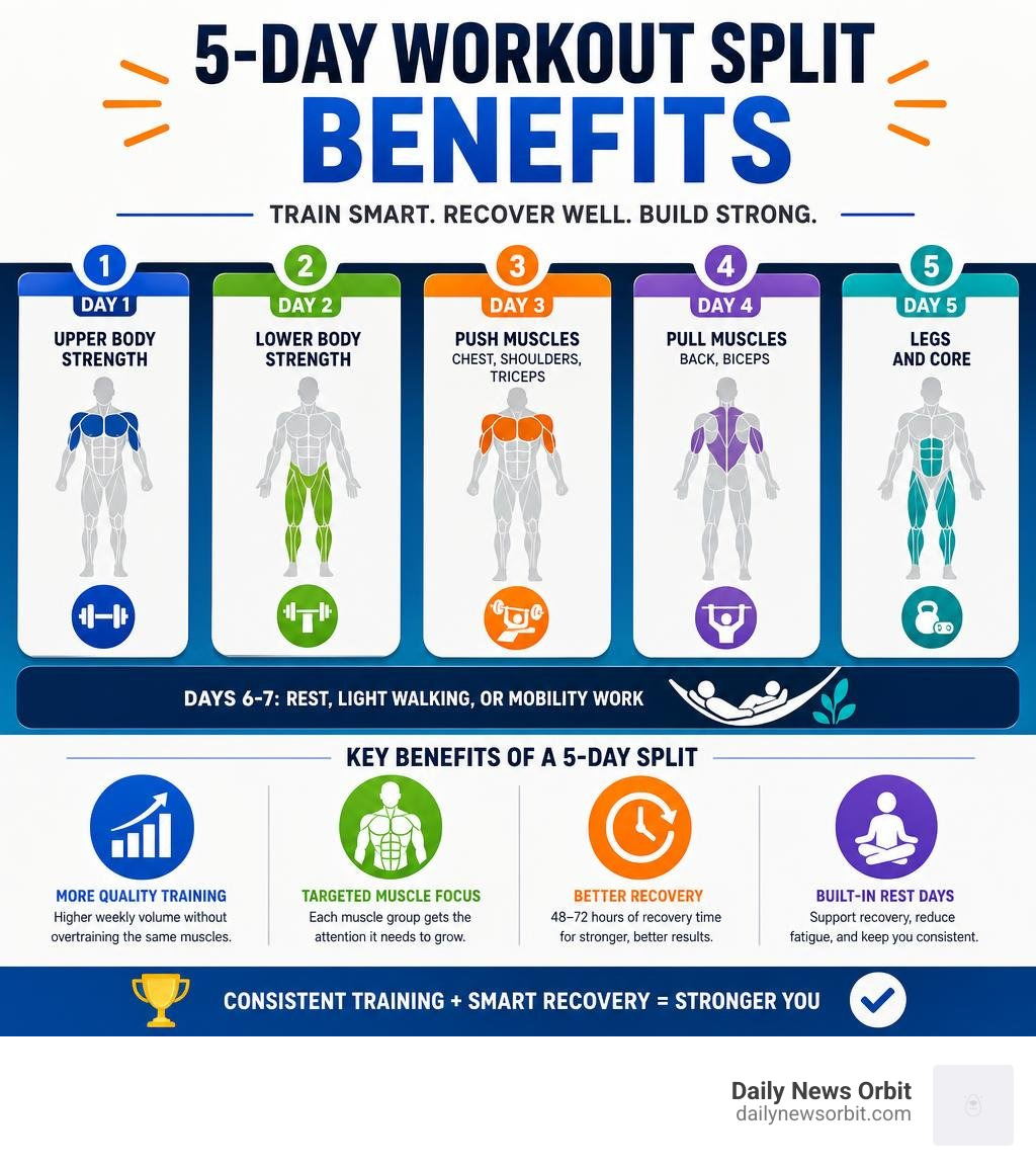5-day workout split benefits: training days, muscle groups, recovery, and rest days infographic