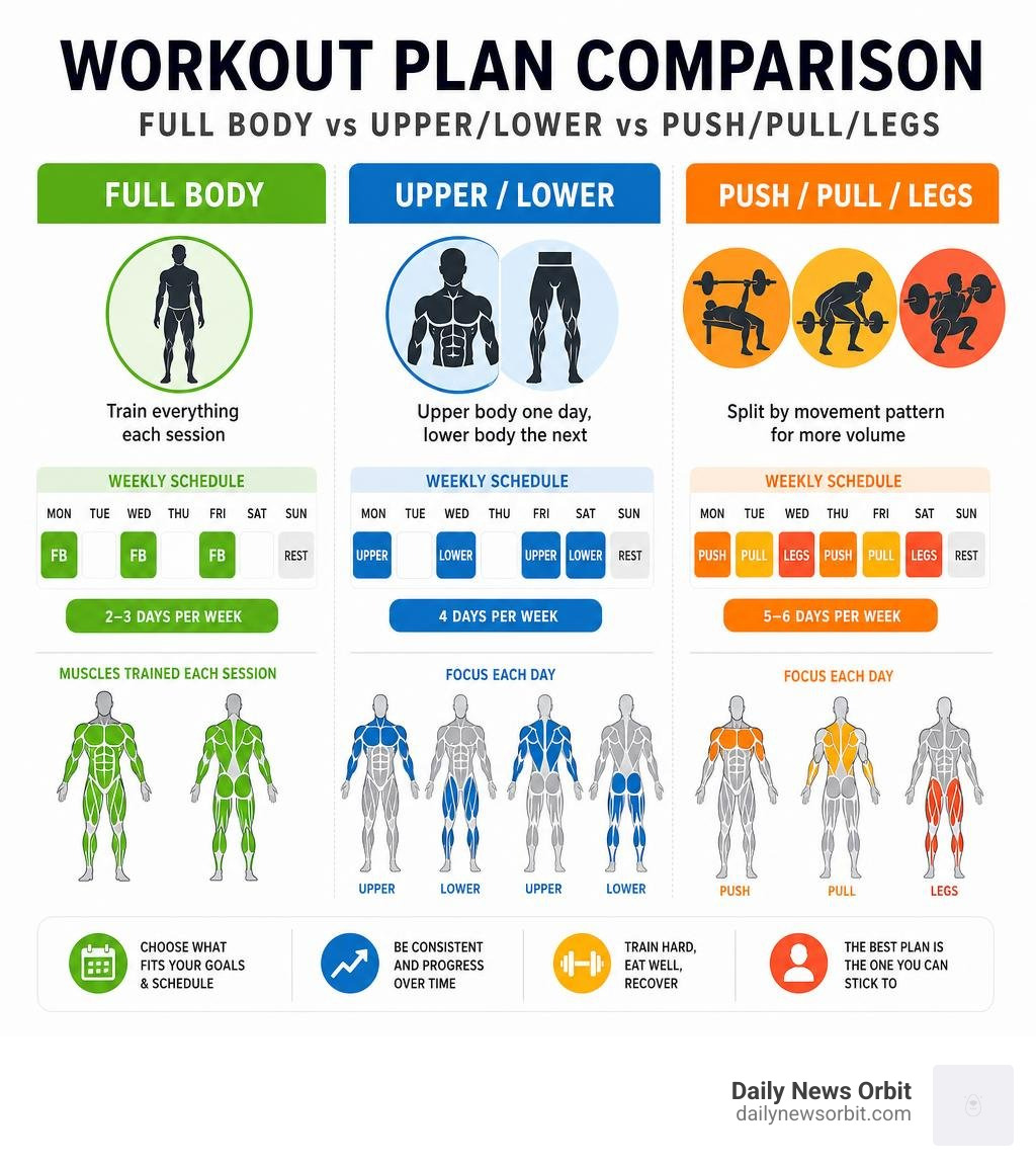 infographic comparing full body upper lower and push pull legs workout schedules infographic