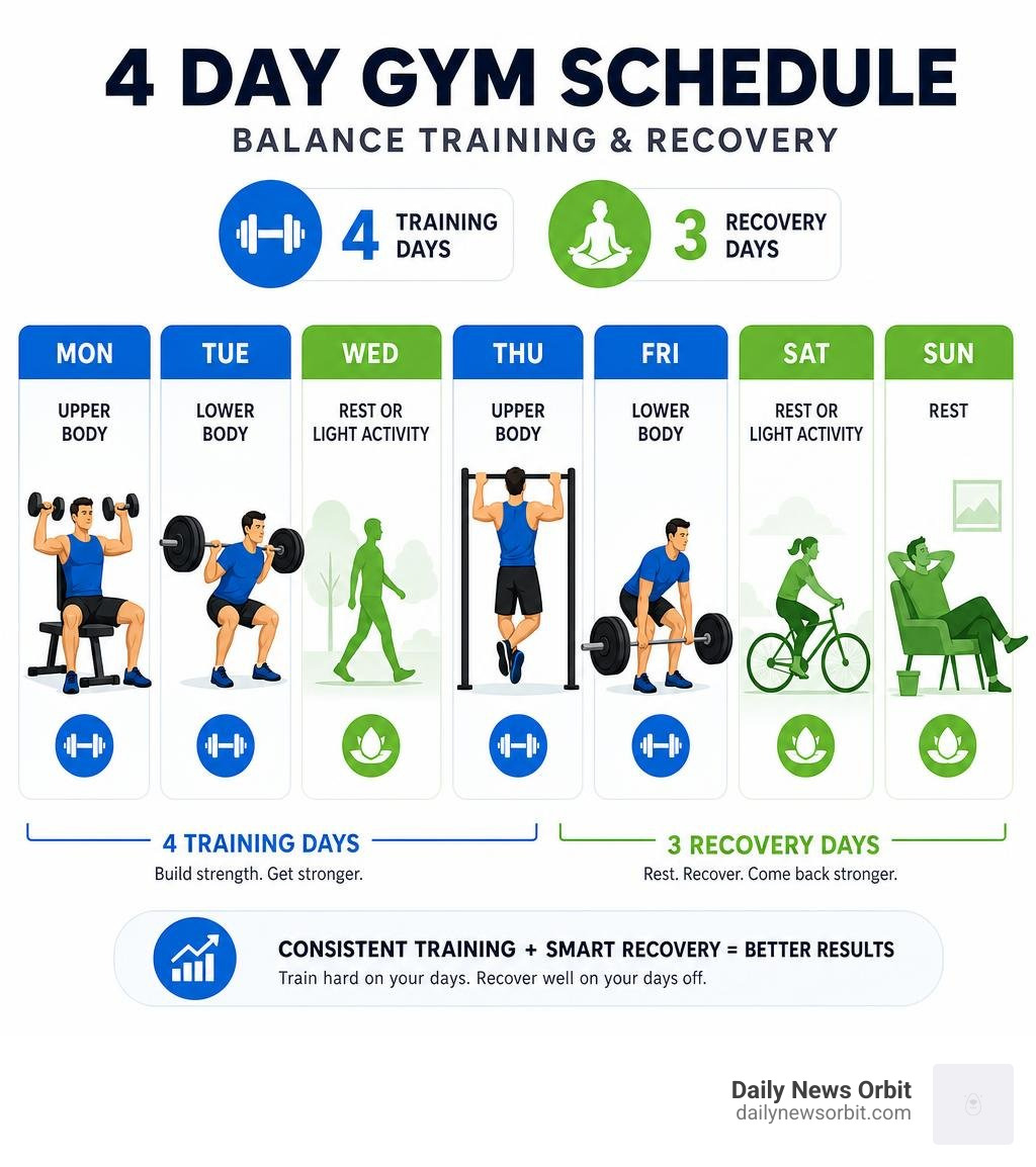 4 day gym schedule distribution with four training days and three recovery days infographic