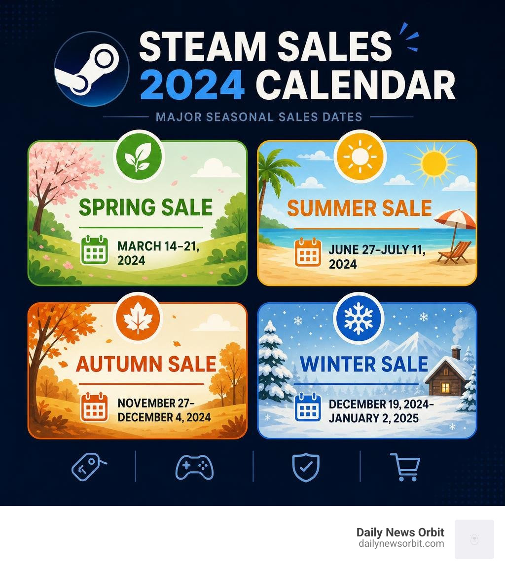 Steam sales 2024 calendar with Spring Summer Autumn and Winter sale dates infographic