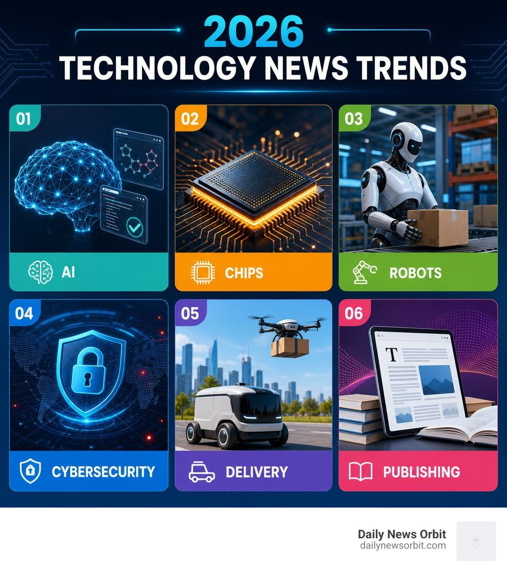 2026 technology news trends: AI, chips, robots, cybersecurity, delivery, publishing infographic 2026 technology news trends: AI, chips, robots, cybersecurity, delivery, publishing infographic