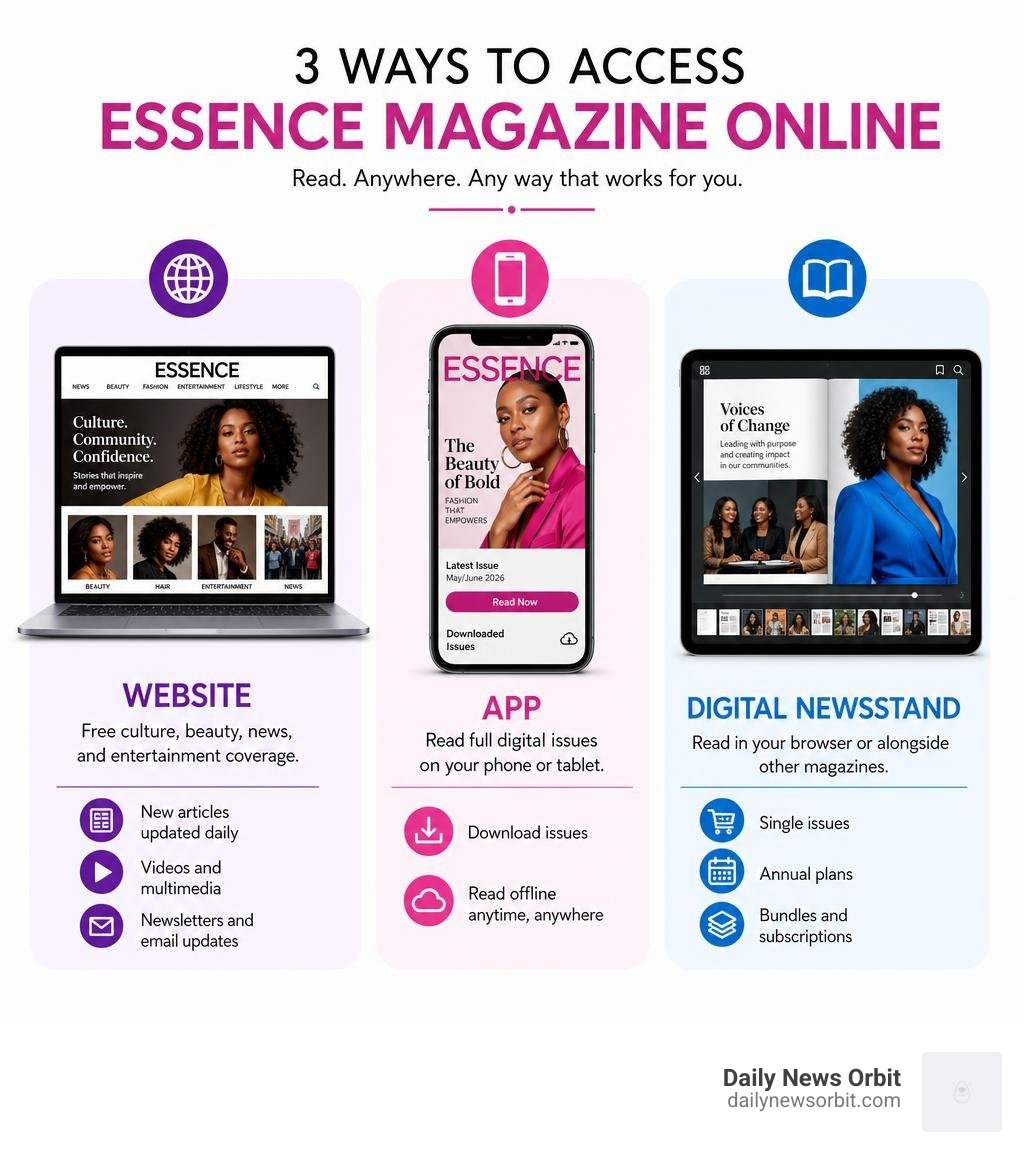 Essence magazine online access options: website, app, and digital newsstand infographic