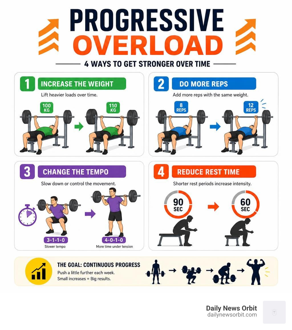Infographic detailing progressive overload methods including weight increases, extra reps, tempo changes, and reduced rest Infographic detailing progressive overload methods including weight increases, extra reps, tempo changes, and reduced rest