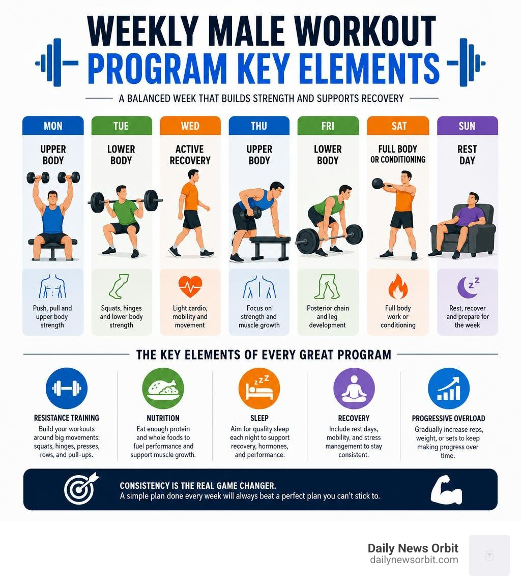 Weekly male workout program key elements infographic