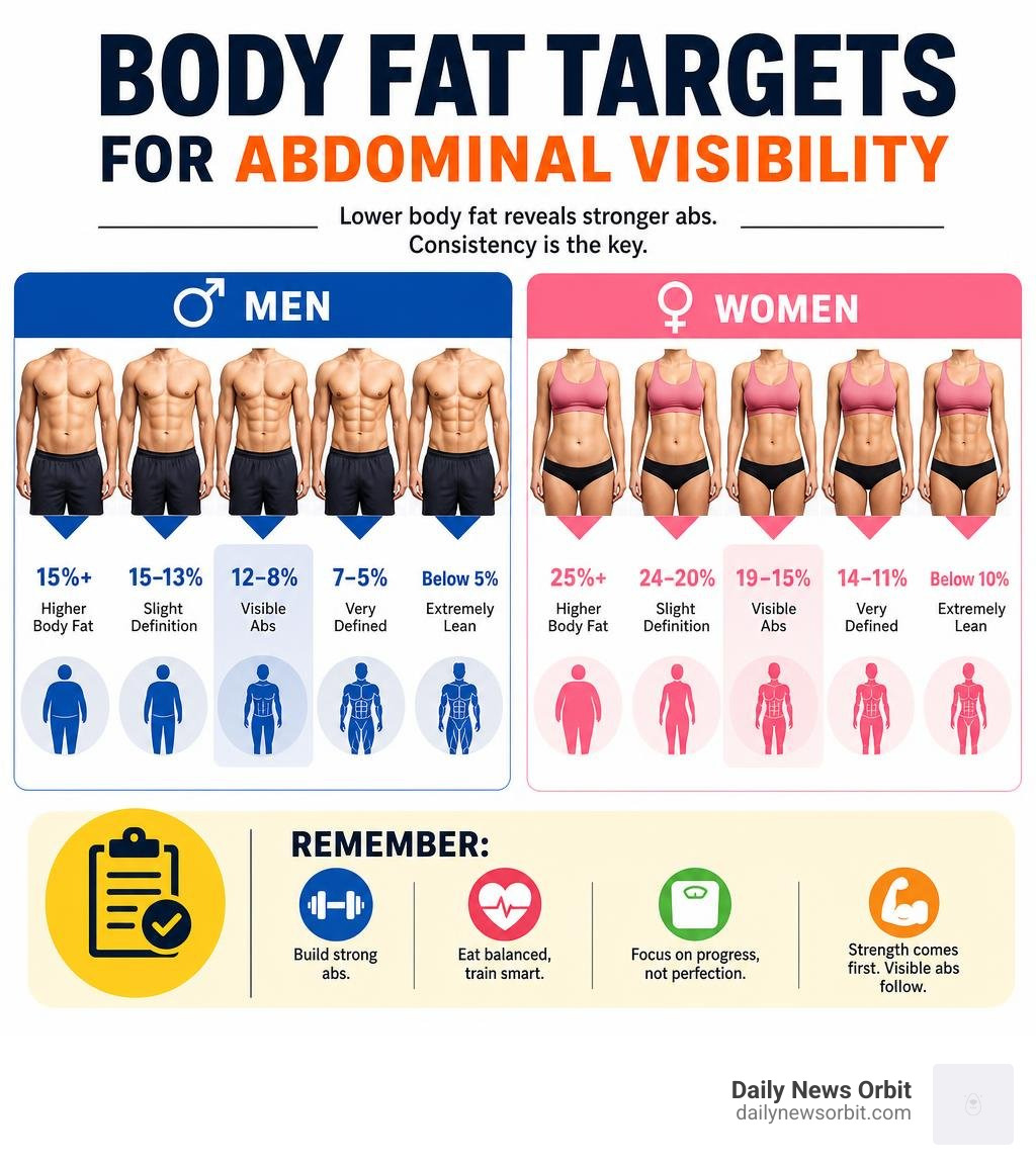 Body fat targets for abdominal visibility for men and women infographic
