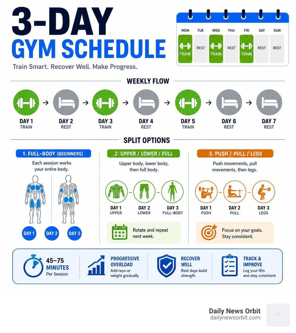 3-day gym schedule showing training days, rest days, and split options infographic 3-day gym schedule showing training days, rest days, and split options infographic