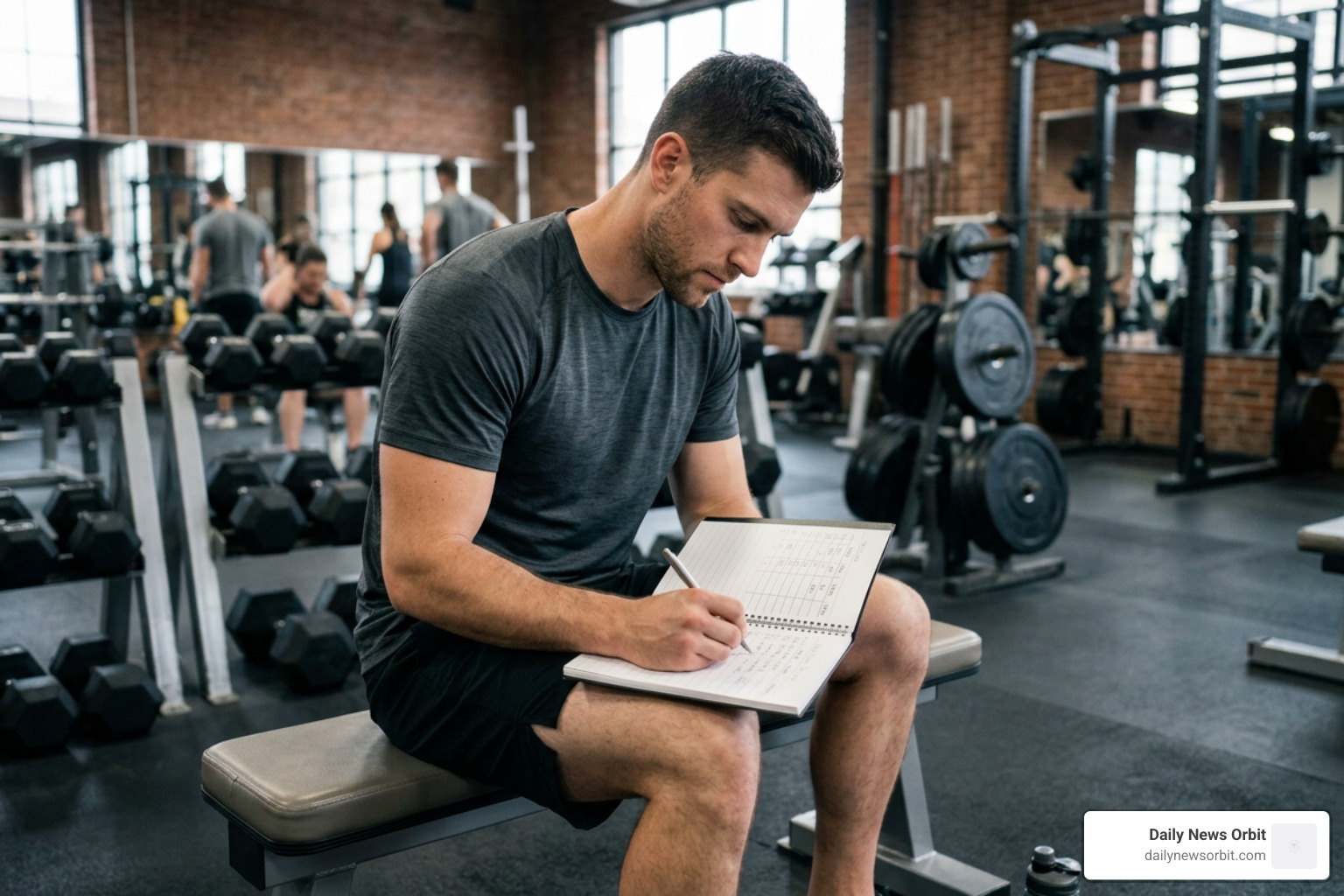 gym athlete logging sets reps and weights into a workout tracking notebook gym athlete logging sets reps and weights into a workout tracking notebook